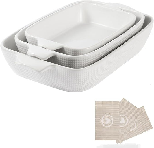 Bakeware Casserole Oven Dishes Baking - 3pcs Ceramic Rectangular Oven Serving Sets,（10.3/12.4/14.7）Stoneware Cookware Pan, Porcelain White Thanksgiving Ware for Cooking Lasagna (White)