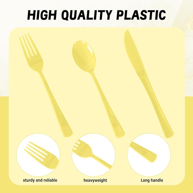 150 Pack Disposable Plastic Silverware, Heavy Duty Light Yellow Plastic Cutlery Set Includes 50 Forks 50 Knives 50 Spoons for Birthday Wedding Party Picnics (150, Light Yellow)