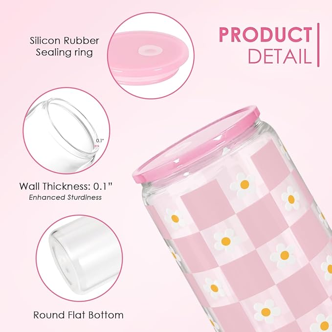 SANDJEST Checkerboard Daisies Glass Can, Floral Checker Cup with Lid & Straw, Iced Coffee Aesthetic Cups, Gift for Christmas Birthday Mother Day, Gifts for Women, 16oz