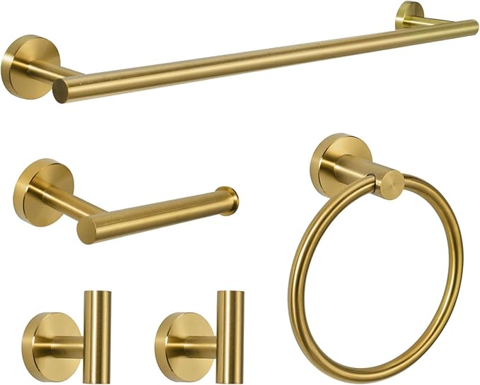 5-Piece Towel Racks for Bathroom, Stainless Steel Bathroom Accessories Set, Bathroom Towel Holder Wall Mounted, Sturdy Bath Towel Bar Set Bathroom Hardware Set (Brushed Gold)
