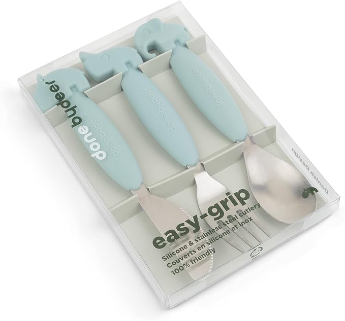 Done by Deer Easy-Grip Cutlery Set Deer Friends Blue - Anti-Slip Handles, Soft Silicone, Stainless Steel, Spoon, Fork, and Knife - Perfect for Independent Toddlers Learning to Self-Feed