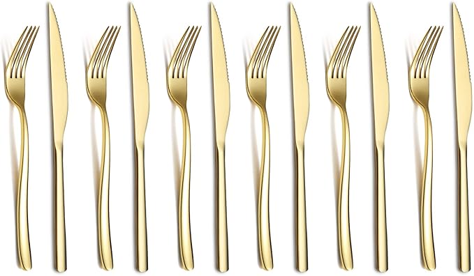 Gold Steak Knives Set 12 Piece, Premium Stainless Steel 6 Dinner Forks and 6 Dinner Knives Set, Steak Knives Steak Forks for 6 Person, Dishwasher Safe (Shiny Gold)