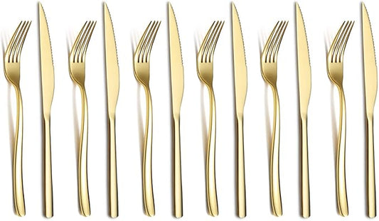 Gold Steak Knives Set 12 Piece, Premium Stainless Steel 6 Dinner Forks and 6 Dinner Knives Set, Steak Knives Steak Forks for 6 Person, Dishwasher Safe (Shiny Gold)