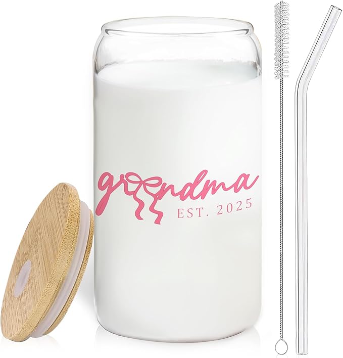 Grandma Glass Cup with Lids and Straws 14oz, Best Mother's Day Birthday Gifts for Grandma from Grandkids, Grandmother Gifts Glass Iced Coffee Tumbler Drinking Jars with Cleaning Brush