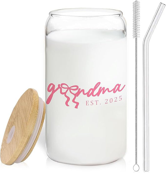 Grandma Glass Cup with Lids and Straws 14oz, Best Mother's Day Birthday Gifts for Grandma from Grandkids, Grandmother Gifts Glass Iced Coffee Tumbler Drinking Jars with Cleaning Brush