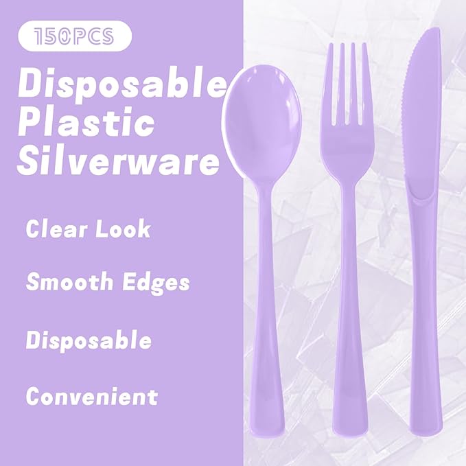 150 Pack Disposable Plastic Silverware, Heavy Duty Lavender Plastic Cutlery Set Includes 50 Forks 50 Knives 50 Spoons for Birthday Wedding Party Picnics (150, Lavender)