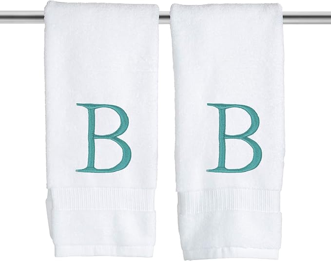 Teal and White Bathroom Hand Towel - Monogrammed Luxury Hotel Quality Decorative Embroidered Towel for Powder Room, Spa - GOTS Organic Certified - Set of 2 Letter B