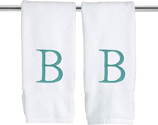 Teal and White Bathroom Hand Towel - Monogrammed Luxury Hotel Quality Decorative Embroidered Towel for Powder Room, Spa - GOTS Organic Certified - Set of 2 Letter B