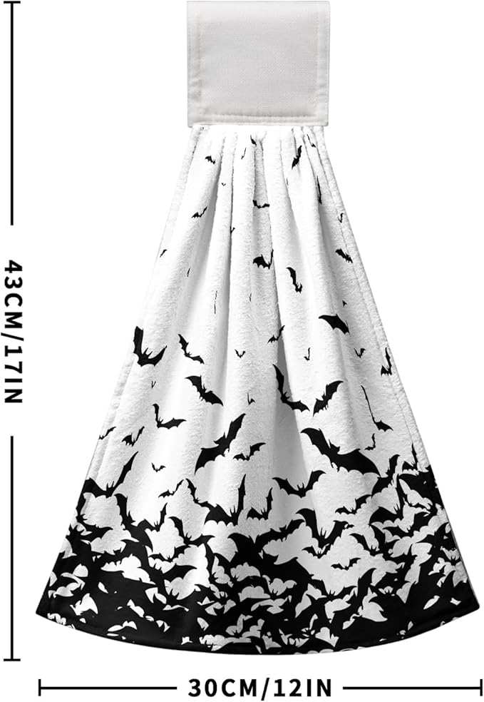 Halloween Hanging Kitchen Towels Spooky Bats Hand Tie Towel Scary Black Halloween Dish Tea Towels with Loop or Tabletop Bathroom Home Decorations