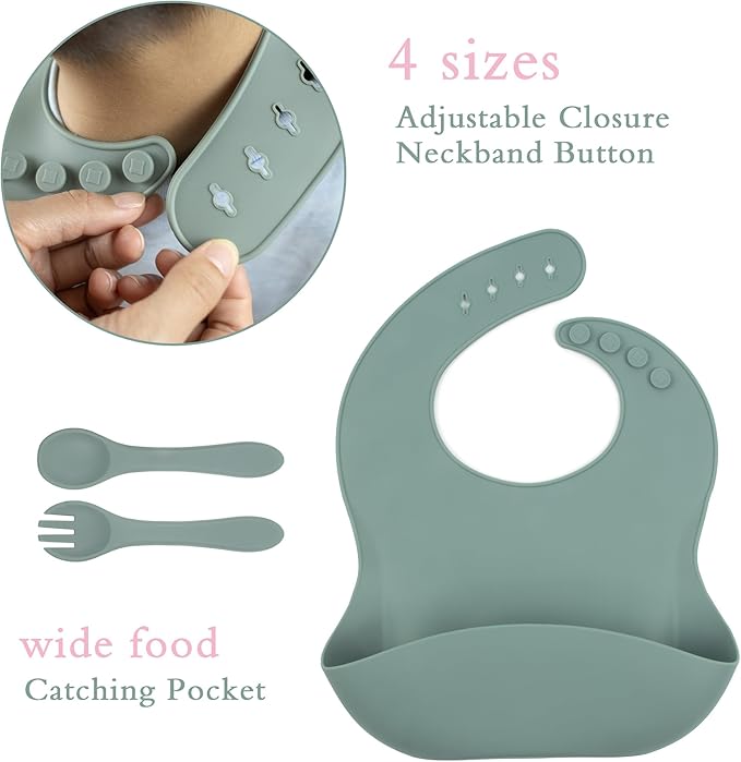 6-Piece Baby Feeding Set, Silicone Baby Mealtime Kit for Food-Grade Strong Suction Baby Plate+Baby Cup+ Bib+Fork+Spoon+Bowl, Toddler Eating Essentials Washable Parenting Gift Idea (Army green)