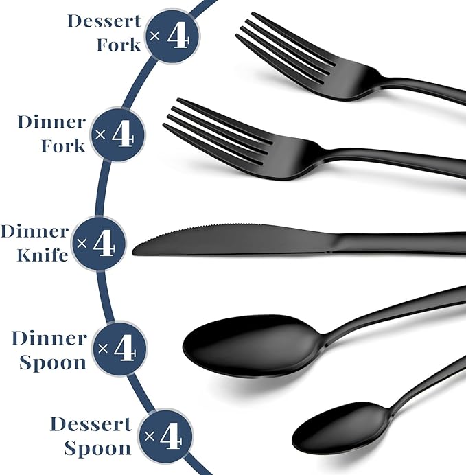 Black Silverware Set - 20PCS Stainless Steel Silverware Set for 4, Includes Forks Spoons and Knives, Utensil Sets for Home Kitchen Restaurant, Dishwasher Safe