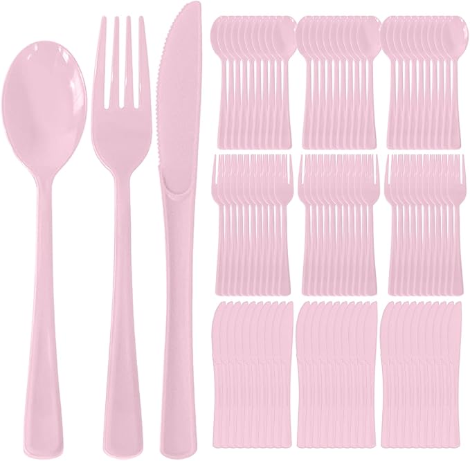 150 Pack Disposable Plastic Silverware, Heavy Duty Pink Plastic Cutlery Set Includes 50 Forks 50 Knives 50 Spoons for Birthday Wedding Party Picnics (150, Pink)