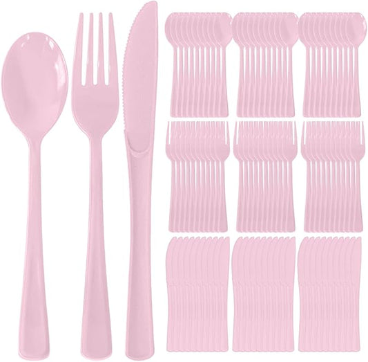 150 Pack Disposable Plastic Silverware, Heavy Duty Pink Plastic Cutlery Set Includes 50 Forks 50 Knives 50 Spoons for Birthday Wedding Party Picnics (150, Pink)