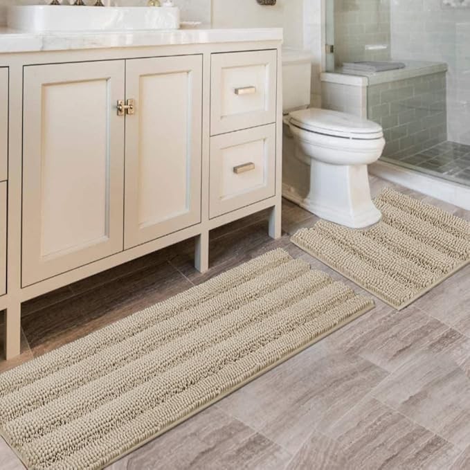 H.VERSAILTEX Bathroom Rug Sets 2 Piece Bath Mats Non Slip Thick Soft Chenille Striped Bath Rug achine Washable Shower Floor Rugs for Tub, Shower and Floor (Fog, 47"x17" Plus 20"x20" U)