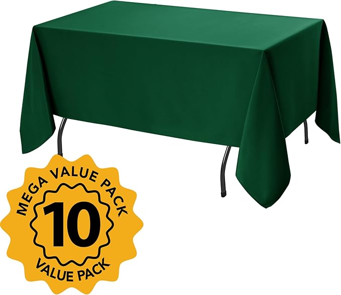 10-Pack Hunter Green Tablecloths for Rectangle Tables, 70 x 108 Inches, Stain-Resistant Polyester Fabric for 6 Foot Tables - Washable Table Covers for Weddings, Birthday Parties, Events
