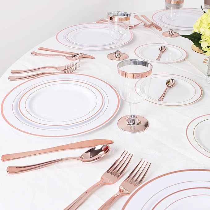 WDF 120 Pieces Rose Gold Plastic Silverware- Disposable Flatware Set-Heavyweight Plastic Cutlery- Includes 40 Forks, 40 Spoons, 40 Knives for Valentine's Day, Mother's Day,Wedding&Party