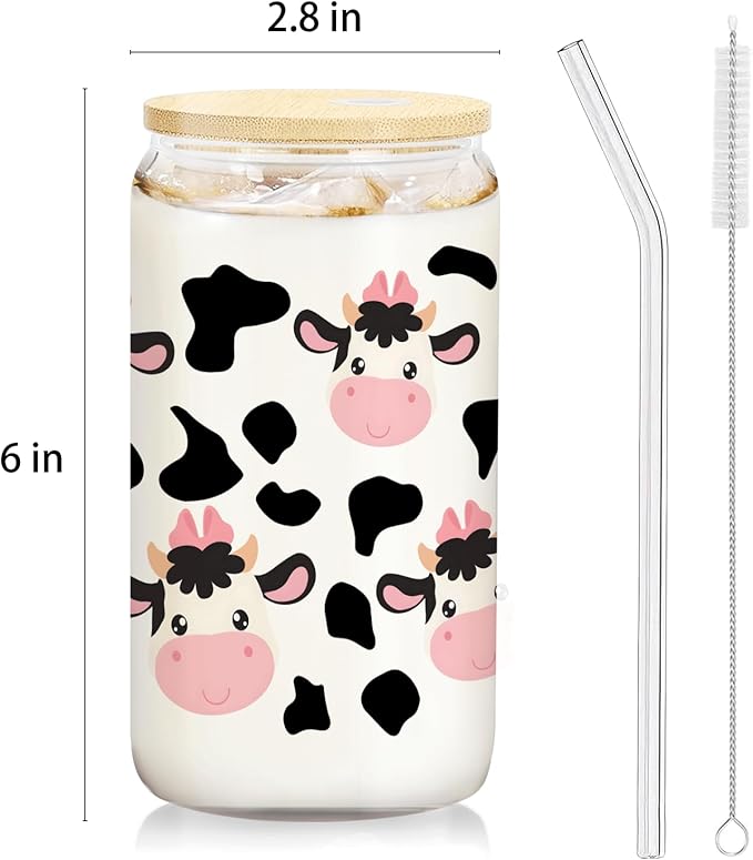Cute Cow Glass Cup Gifts with Lids and Straws 14oz, Cow Print Gifts for Cow Lovers, Cow Print Stuff Glass Coffee Tumbler Drinking Jars with Cleaning Brush