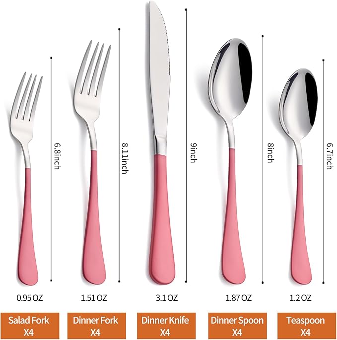 20 Piece Pink 18/0 Flatware Utensil Set for 4, Include Dinner Knife,Dinner Forks,Dinner Spoons,Salad Forks,Teaspoons,Silverware Set for 4, Dishwasher Safe