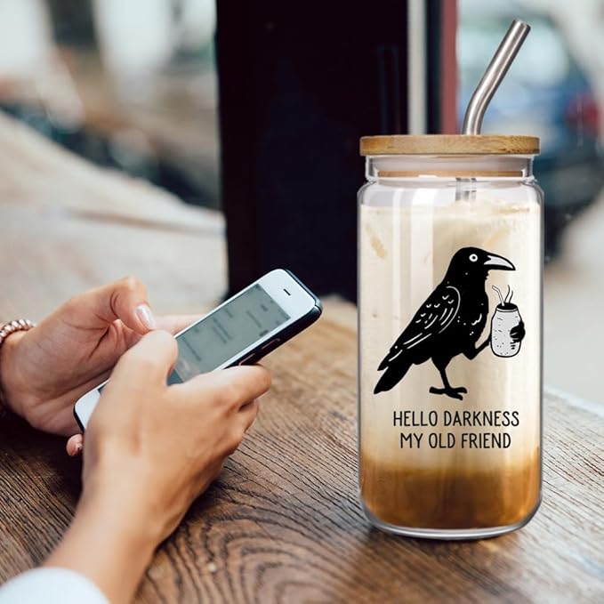 Funny Cawfee 16oz Glass Cup with Lid and Straw Gifts for Bird Lovers - Hello Darkness My Old Friend, Spooky Halloween Vintage Crow Coffee Cup Perfect for Crow and Coffee Lovers