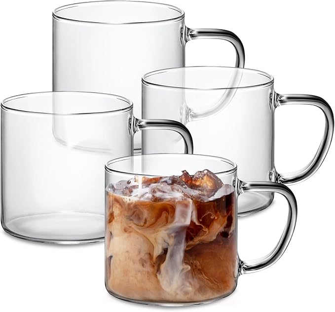 14 oz Glass Coffee Mugs Set of 4 Large Glass Coffee Cups with Anti Scald Handles,Lightweight Durable Clear Mugs for American Cappuccino Latte Tea Milk Espresso Juice Hot and Cold Beverages