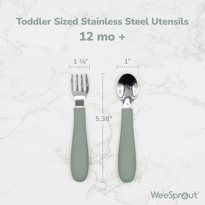 WeeSprout Toddler Utensils, 3 Forks & 3 Spoons, 18/8 Stainless Steel & Food Grade Silicone, Thick Easy-Grip Handles, Perfect Length For New Self Feeders, Gentle On Gums & Teeth, Dishwasher Safe
