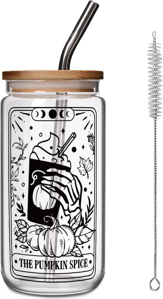 Fall Pumpkin 16 OZ Glass Cups with Lids and Straws, Thanksgiving Tarot Tumbler Mug, Fall Gifts, Halloween Boo Basket Gifts for Women