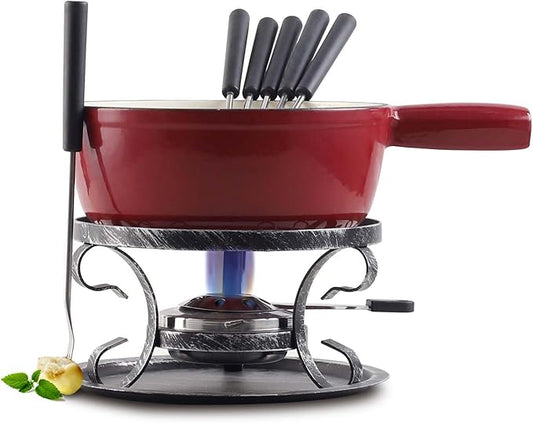 Artestia Cast Iron Swiss Fondue Set – Swiss Traditional 2L Cheese & Chocolate Fondue Pot for 4-6 People – Ideal for Melting Cheese, Chocolates, Caramel, & More, Red