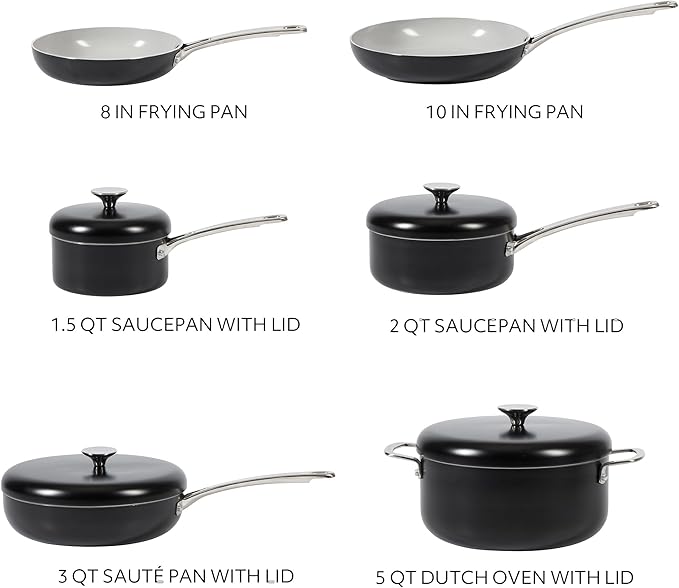 Sur La Table Kitchen Essentials Potluck Porch 10 Piece PFA Free Ceramic Non stick Interior Forged Aluminum Cookware Pots and Pans Set W/Aluminum Lids - Black - Induction Compatible