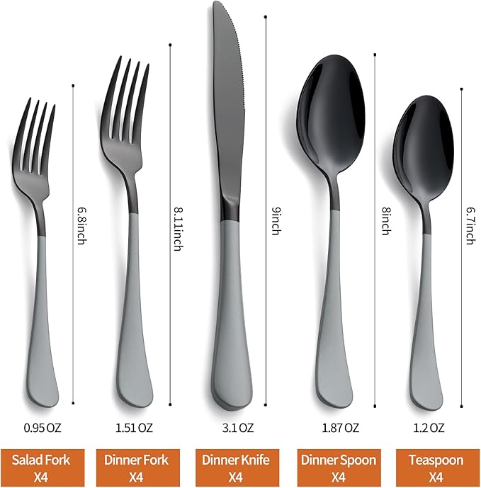 20 Piece Black gray 18/0 Flatware Utensil Set for 4, Include Dinner Knife,Dinner Forks,Dinner Spoons,Salad Forks,Teaspoons,Silverware Set for 4, Dishwasher Safe