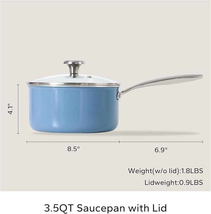 Redchef Nonstick Ceramic Sauce Pan With Lid, 3.5QT Small Cooking Pot with Stay-Cool Handle, Kitchen Non Toxic Soup Pot, PTFE & PFOA Free, Oven & Dishwasher Safe, Compatible with All Stovetops-Blue