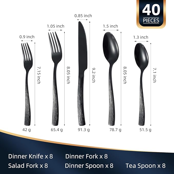 40-Piece Black Silverware Set for 8, CITESANA Heavy Duty Stainless Steel Flatware Set with Ripple Handles, Mirror Polished Kitchen Cutlery Set