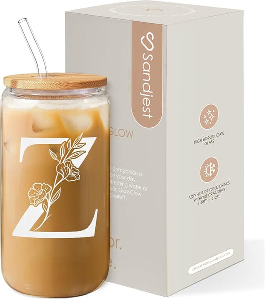 SANDJEST Monogrammed Gifts for Women - Monogram Z Initial Glass Cup 16 Oz Can Coffee Cups with Lid and Straw - Monogram Initials Gifts for Womens on Birthday