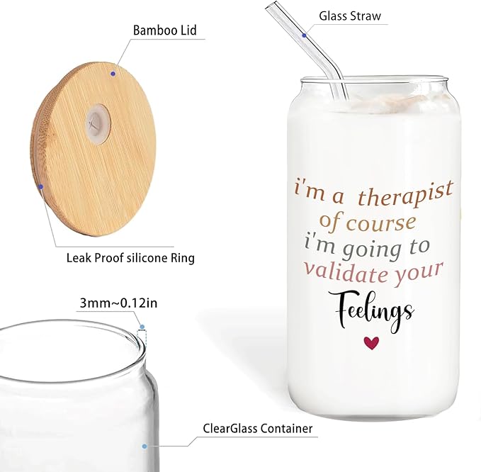 Therapist Gifts Glass Cup with Lids and Straws 14oz, Mental Health Therapist Gifts for Women Female, Mental Health Glass Iced Coffee Tumbler Drinking Jars with Cleaning Brush