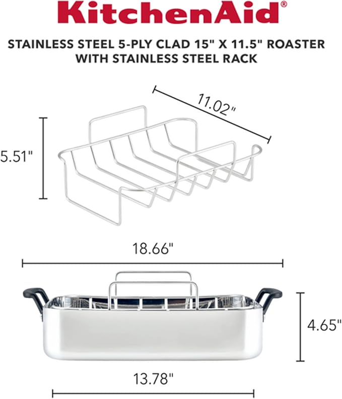KitchenAid 5-Ply Clad Stainless Steel Roasting Pan/Roaster with Removable Rack, 15 Inch x 11.5 Inch - Polished Stainless Steel