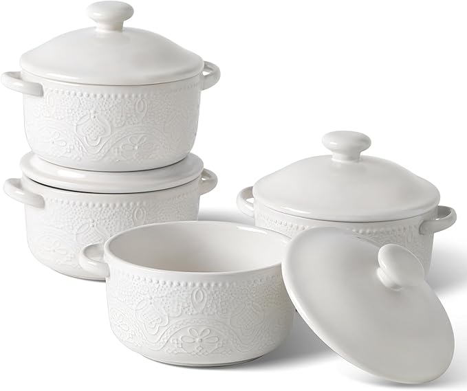 Mini Cocotte Set, 10 OZ Small Casserole Dishes with Lids, Ceramic Kitchen Casserole Sets With Handles, French Onion Soup Bowls, Soup Crocks for French Onion, Desserts, Beef Stew, Cereal, Pot Pies, Set of 4 (White)