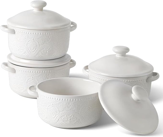 Mini Cocotte Set, 10 OZ Small Casserole Dishes with Lids, Ceramic Kitchen Casserole Sets With Handles, French Onion Soup Bowls, Soup Crocks for French Onion, Desserts, Beef Stew, Cereal, Pot Pies, Set of 4 (White)