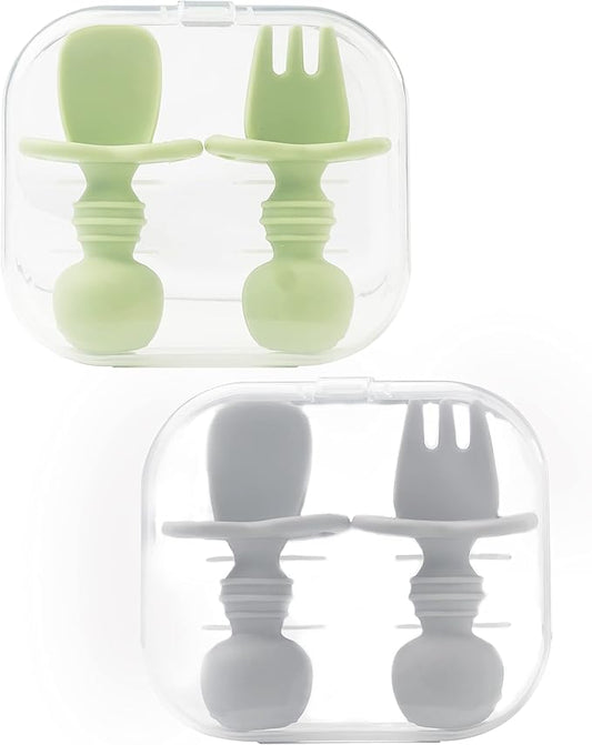 DF DUALFERV 4 Pcs Baby Spoons Self Feeding 6 Months, Silicone Baby Spoons First Stage and Baby Fork, Toddler Utensils for Baby Led Weaning with 2 Cases (Green, Grey)