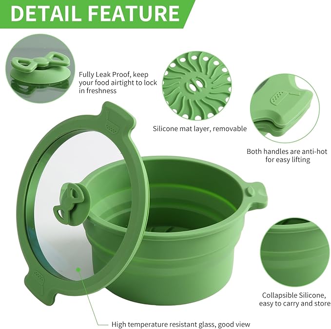 Collapsible Silicone Microwave Cookware Cooker Steamer for Cooking with Lids, 0.8L and 1.4L Glass Food Storage Container Sealed Bowl Mixing Bowls 2pc Set BPA Free