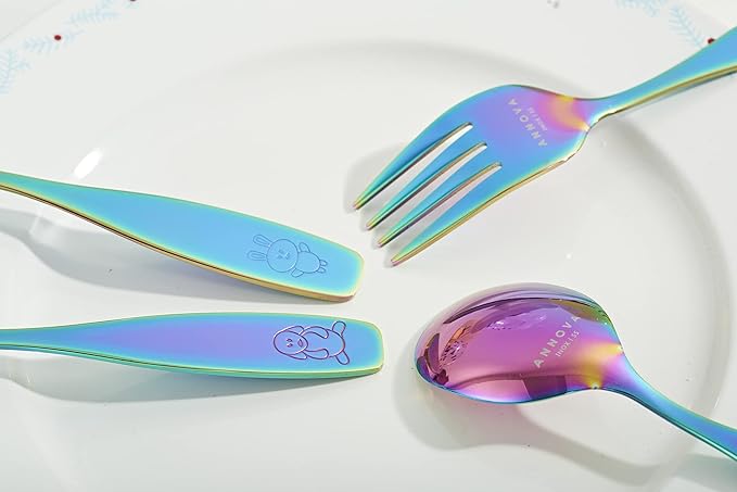 ANNOVA Kids Silverware Children's Safe Flatware Set Stainless Steel - Children Forks, Children Tablespoons, Toddler Utensils, Metal Cutlery Set for LunchBox (Rainbow, 6)