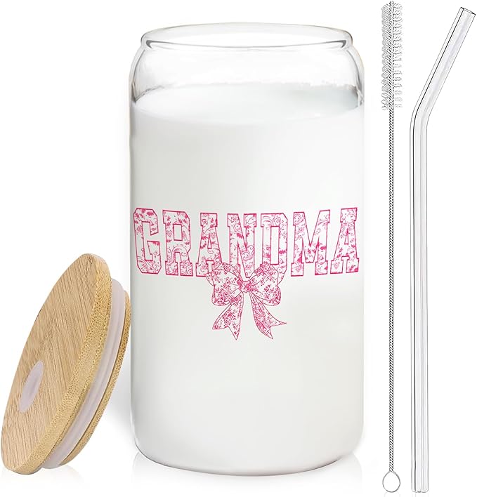 Pink Bow Grandma Glass Cup with Lids and Straws 14oz, Best Mother's Day Birthday Gifts for Grandma from Grandkids, Grandmother Gifts Glass Iced Coffee Tumbler Drinking Jars with Cleaning Brush