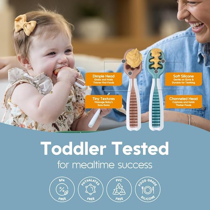 NumNum Baby Spoons Set, Feeding Littles x Silicone Pre-Spoon GOOtensils for Baby Led Weaning, Self-Feeding & Teething, First Stage Toddler Utensils for Ages 6+ Months, 3-Pack, BPA-Free (Neon)