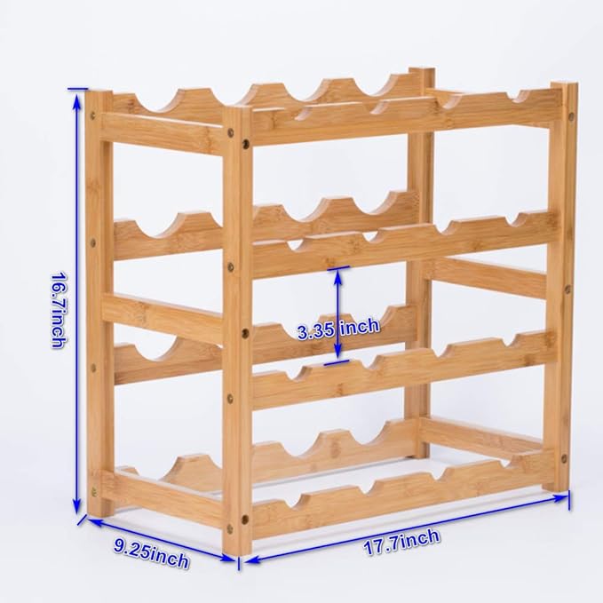 Wine Rack, Natural Bamboo Storage Rack Freestanding Countertop Stackable Display Shelf Wine Bottle Holder (4-Tiers 16-Bottles)