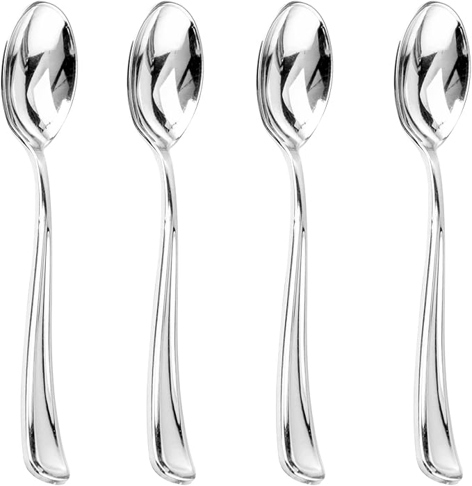Liacere 200PCS Silver Plastic Spoons - Heavy Duty Disposable Spoons - dessert Spoons for Wedding & Party & New Year & Valentine's Day& Christmas