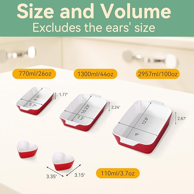 Baking Dish for Oven Ceramic Lasagna Pan 9×12.8 Inch Casserole Dishes Bakeware Set With Ramekin Large Deep Baking Dishes Rectangular Non-Stick Baking Pans for Kitchen Baking and Roasting Red