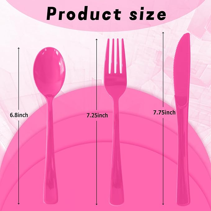 150 Pack Disposable Plastic Silverware, Heavy Duty Hot Pink Plastic Cutlery Set Includes 50 Forks 50 Knives 50 Spoons for Birthday Wedding Party Picnics (150, Hot Pink)
