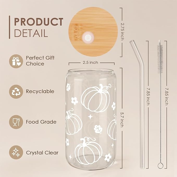 Pumpkin 16oz Can Glass Tumbler with Acrylic Lid & Straw, Iced Coffee Cup for Women Girls, Fall Aesthetic Cups Gifts