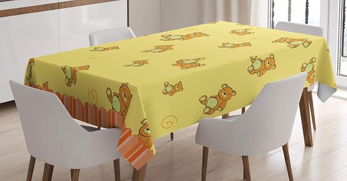 Ambesonne Retro Tablecloth, Teddy Bears Pattern Retro Funky Design Print, Rectangular Table Cover for Dining Room Kitchen Decor, 60" X 84", Apricot Orange