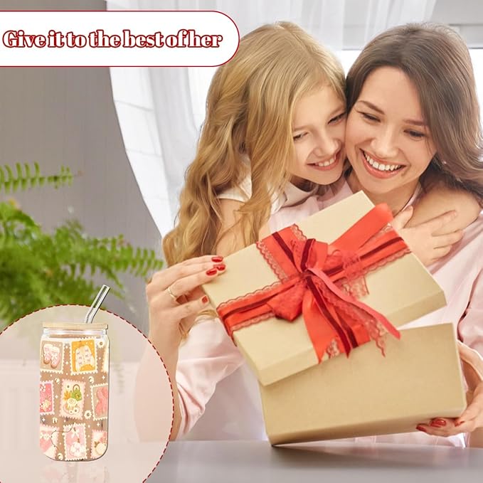 Fall Postage Stamp Iced Coffee Cup, Thanksgiving Aesthetic Glass Tumbler, 16 oz Autumn Coffee Glass Cup with Lid Straw, Boo Basket Stuffers, Halloween Thanksgiving Gifts for Women Teen Girls