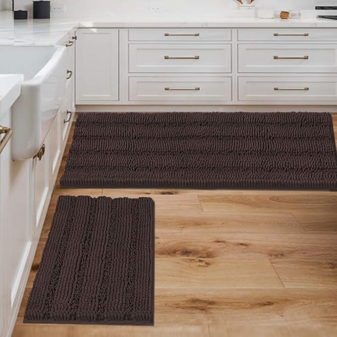 Non Slip Thick Shaggy Chenille Bathroom Rug Mat Set Extra Soft and Absorbent Striped Floor Rugs, 2 Piece, Machine-Washable