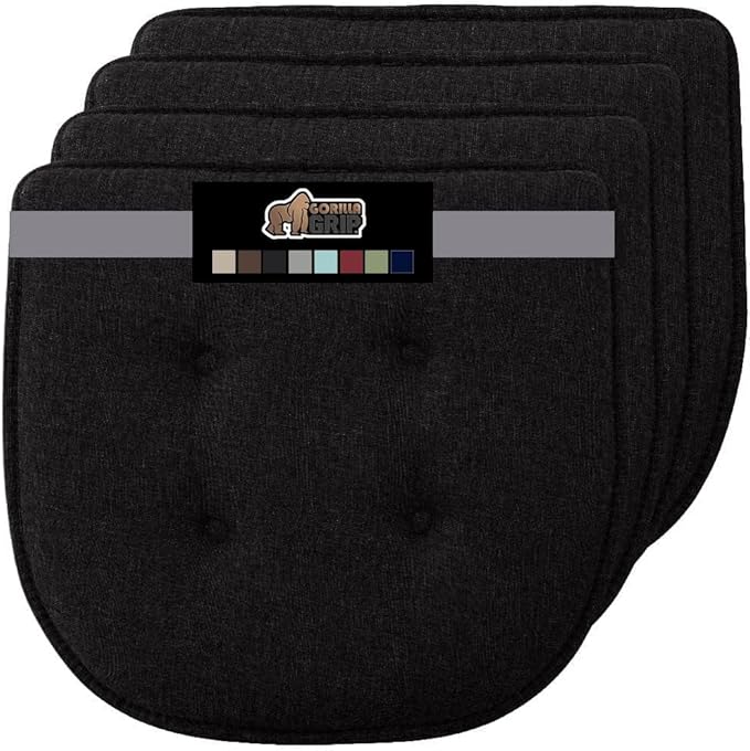 GORILLA GRIP Slip Resistant Tufted Chair Cushions, No Ties Required, Memory Foam Pads for Dining Room Kitchen Table, Office, Rocking Chairs, Plush Seat Cushion Pad, Home Decor, Set of 4, 16x17, Black
